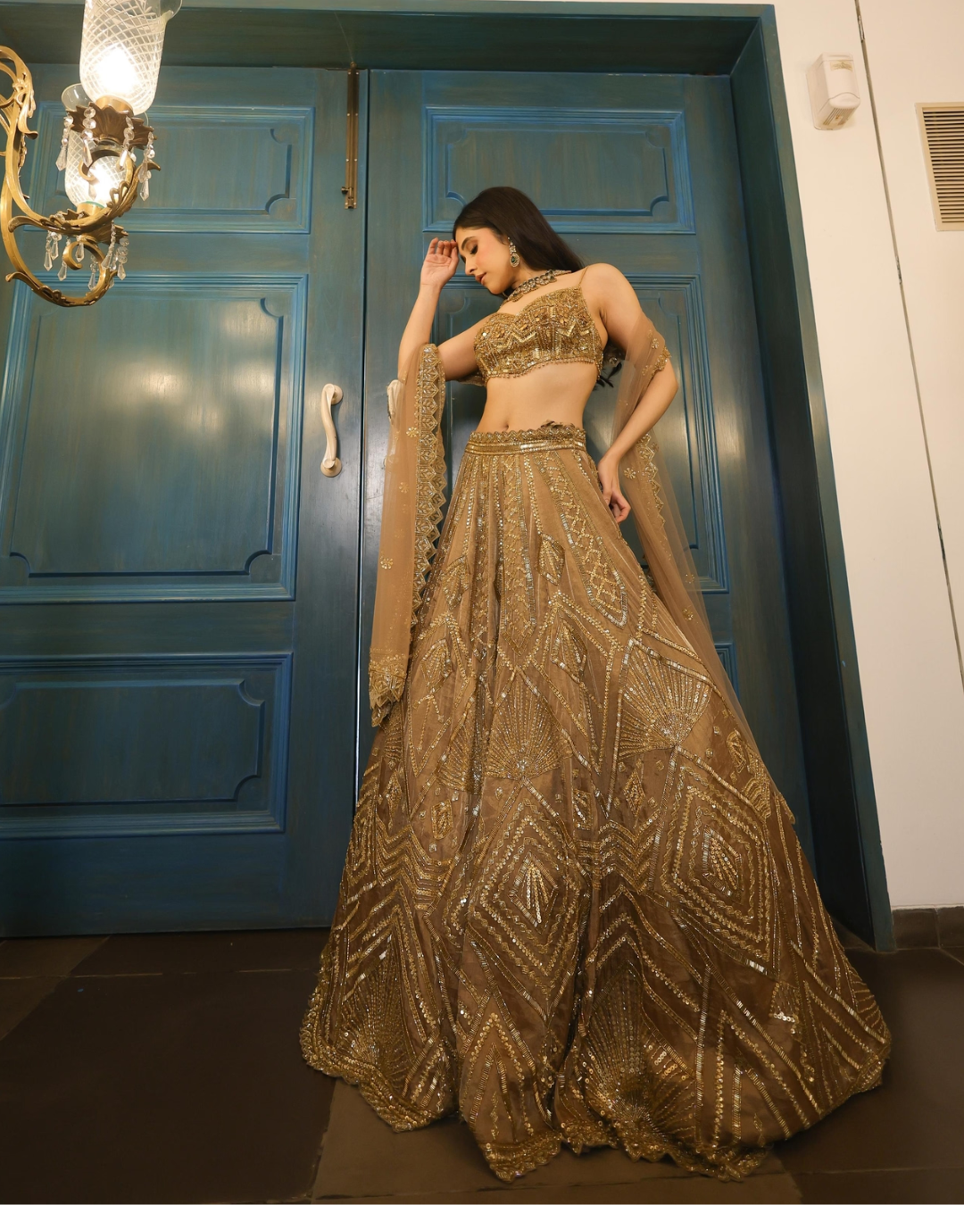 Isa by Dolly Wahal - Mocha Tissue Lehenga From Fiza