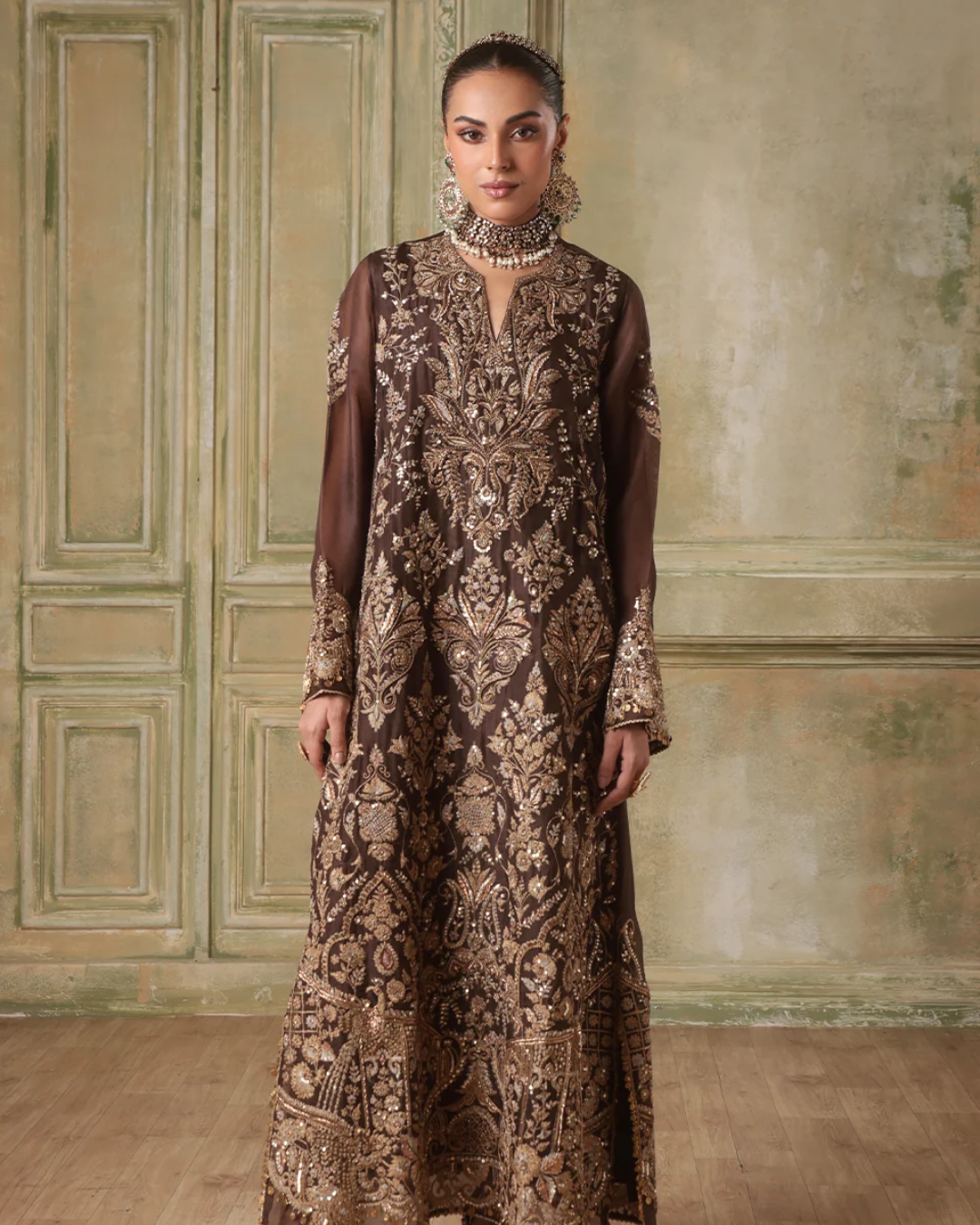 Niti Bothra - Zar-Rang Brown Heavy Jaal Kaftan Set