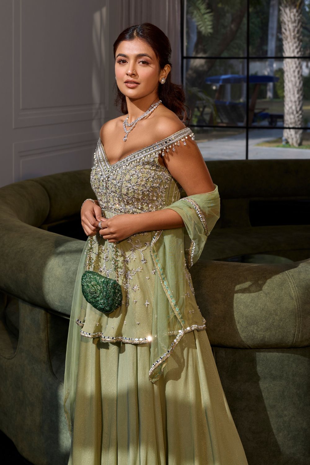 Sanya Gulati - Sage Green Off Shoulder Peplum Set from Kia & Kyara
