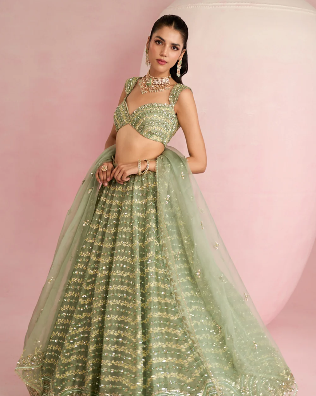 Prevasu - Sage Green Lehenga Set From Solene
