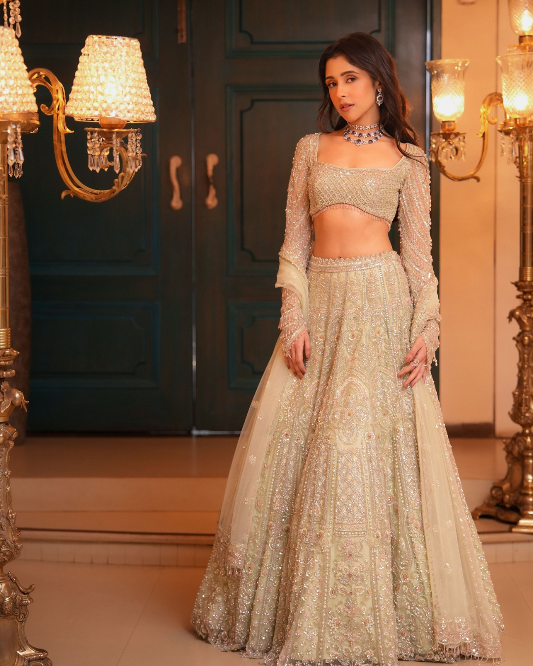 Isa by Dolly Wahal - Sea Green Bridal Lehenga With Pink Accents From Ittara