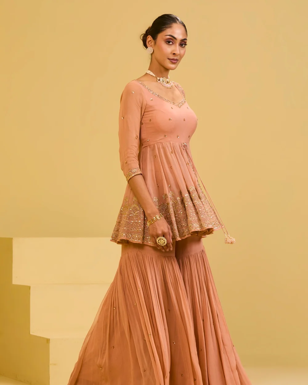 Esha Koul - Peach Front Cut Peplum Set From Naaz