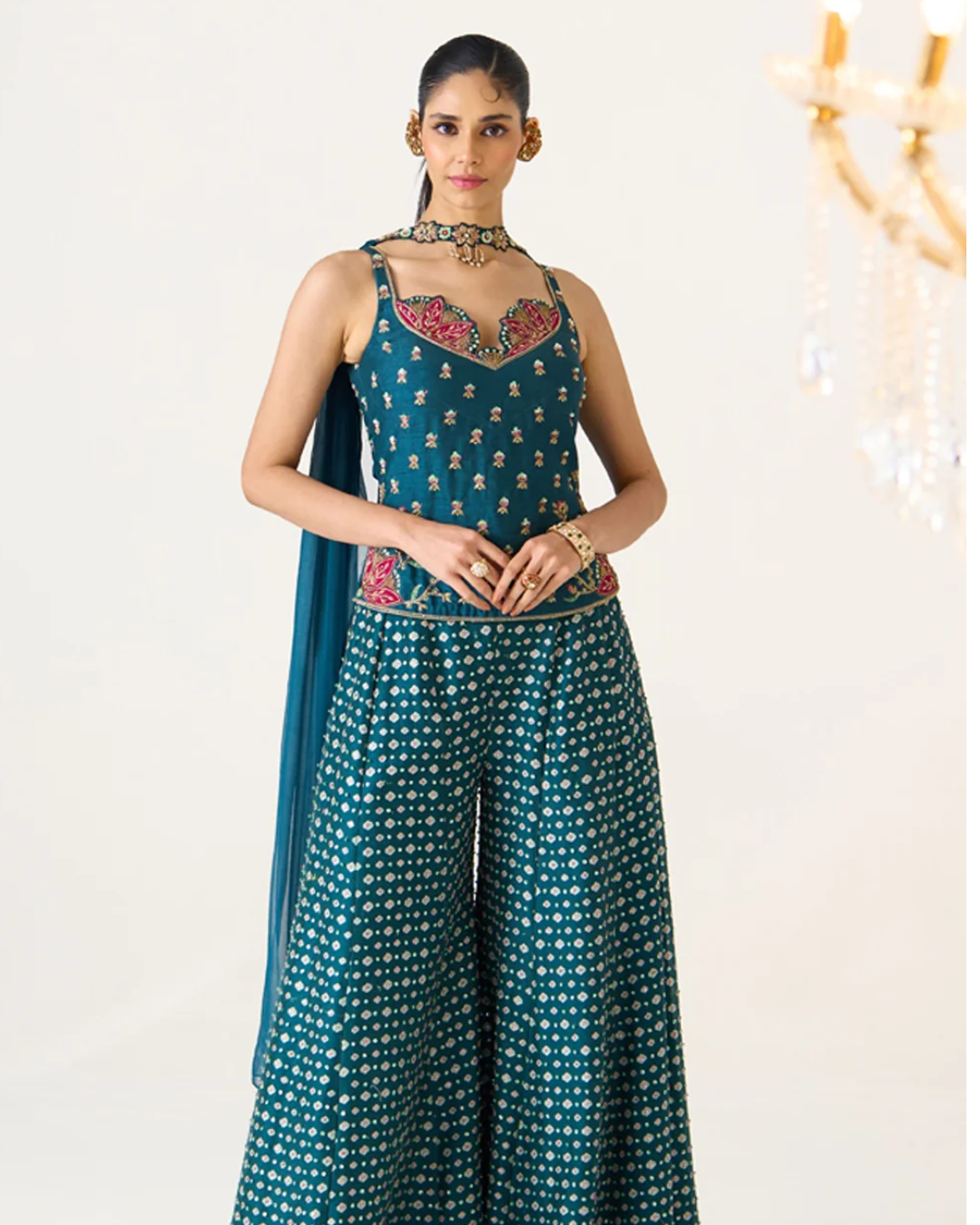 Prevasu - Teal Printed Divided Skirt Set From Gulabo