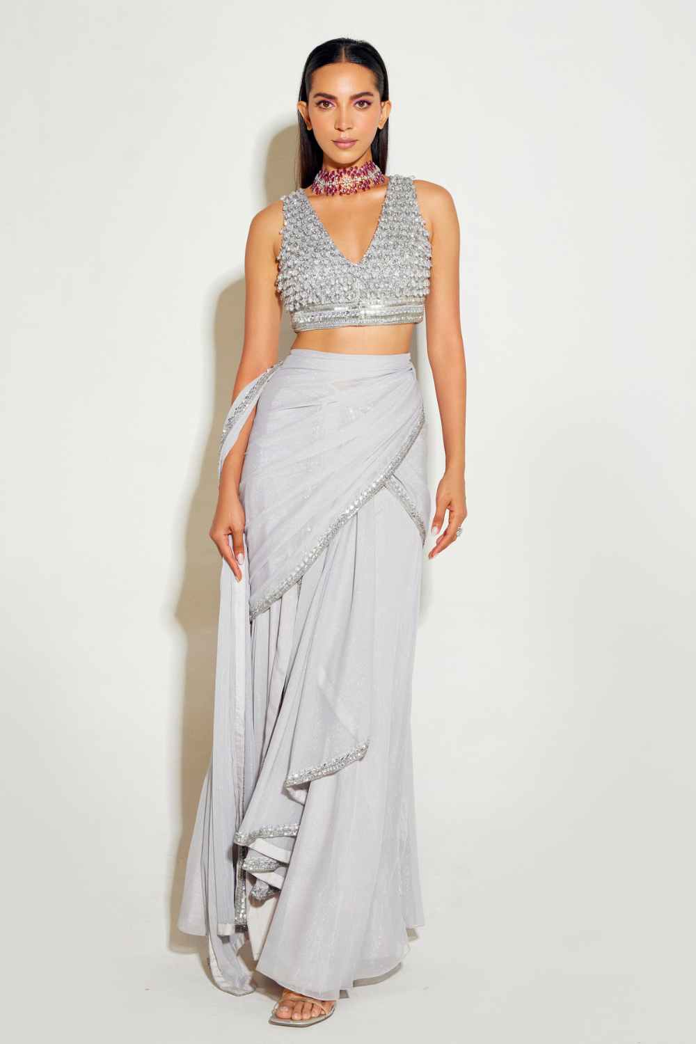 Sanya Gulati - Grey Slit Saree
