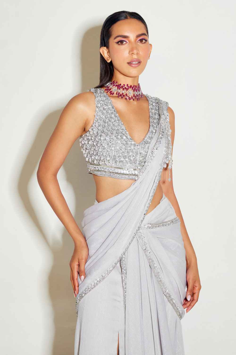 Sanya Gulati - Grey Slit Saree