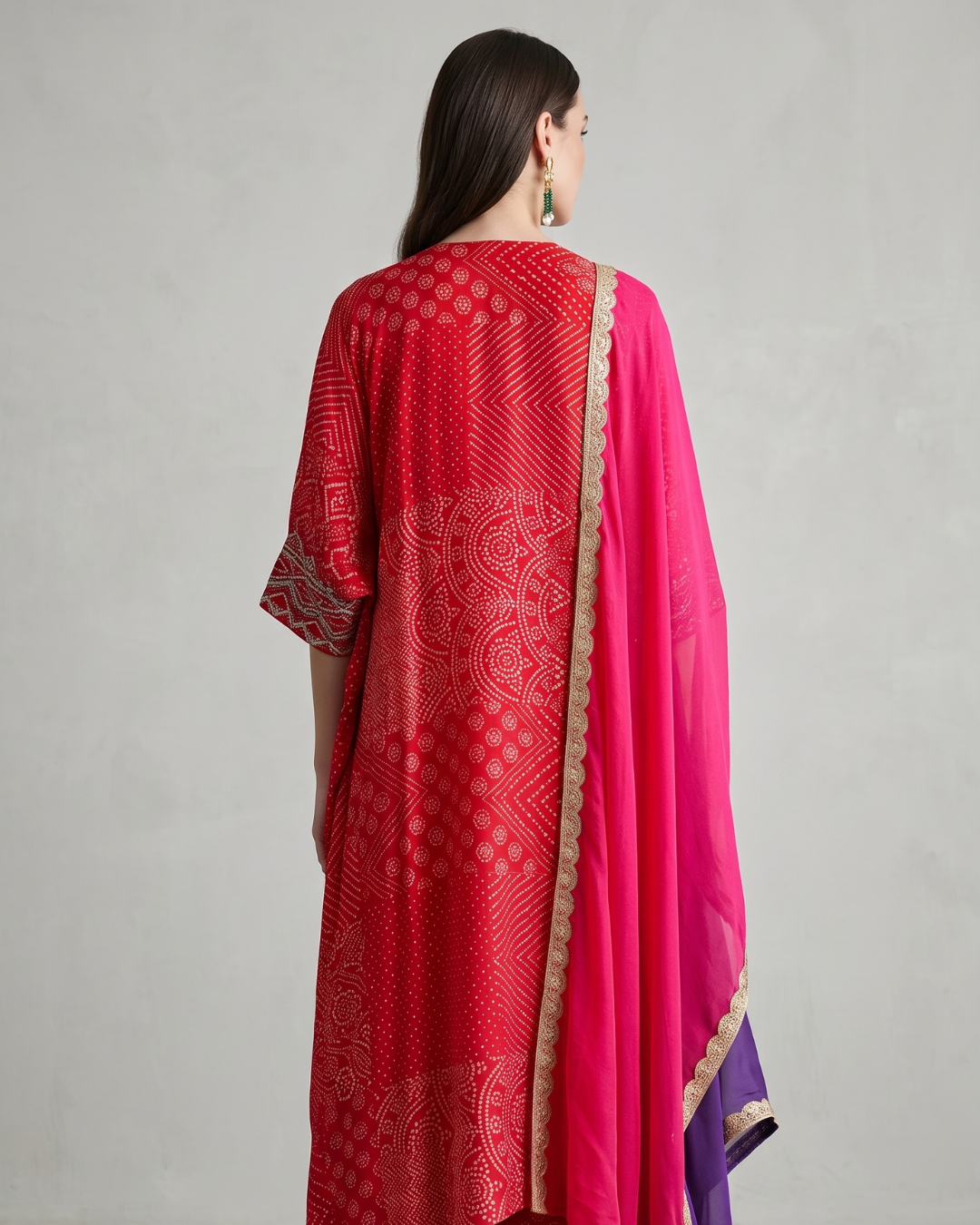 Basanti Kapde Aur Koffee - Red Bandhej Kaftan Set From Suits & Shararas