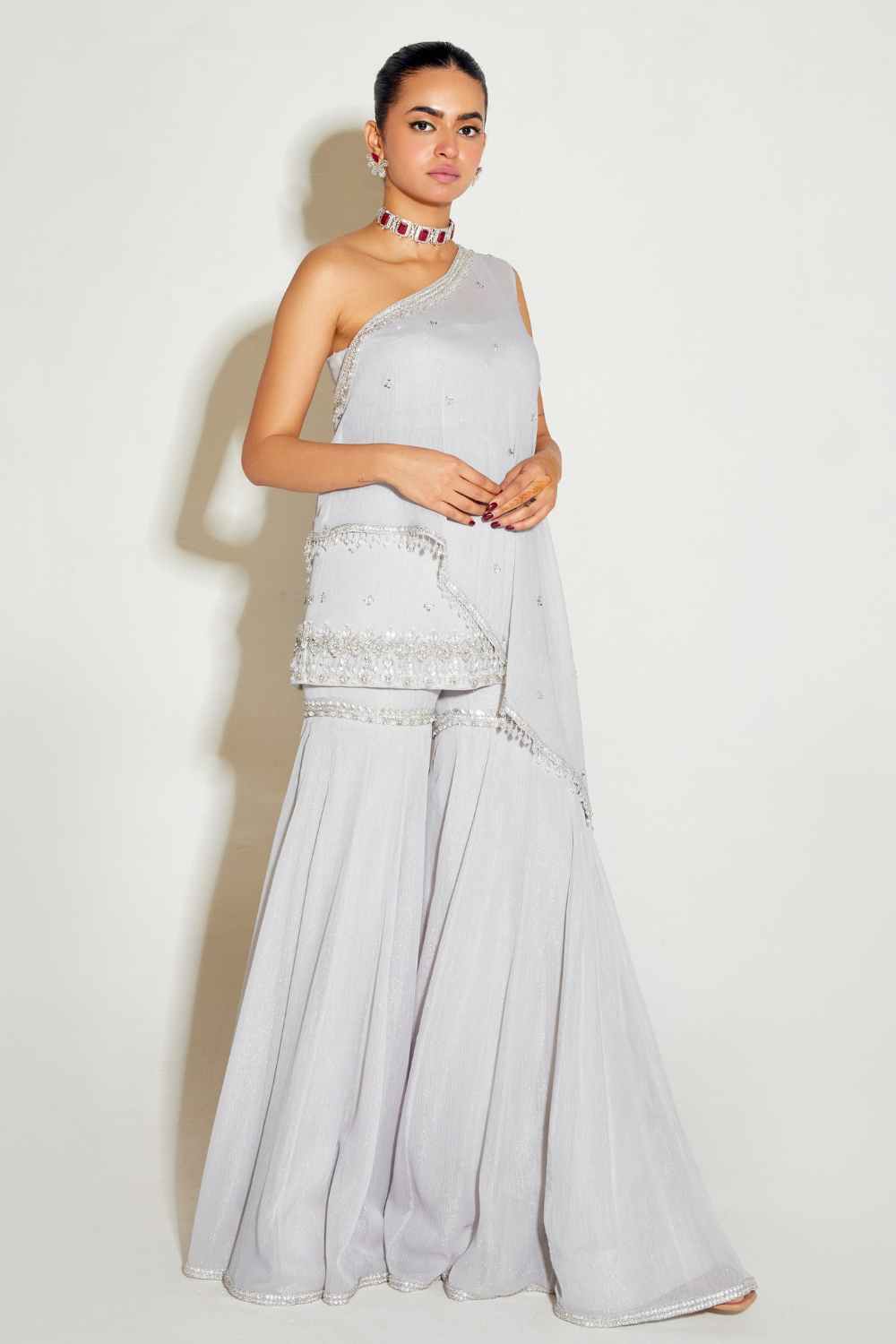 Sanya Gulati - Grey One Shoulder Cape and Sharara Set