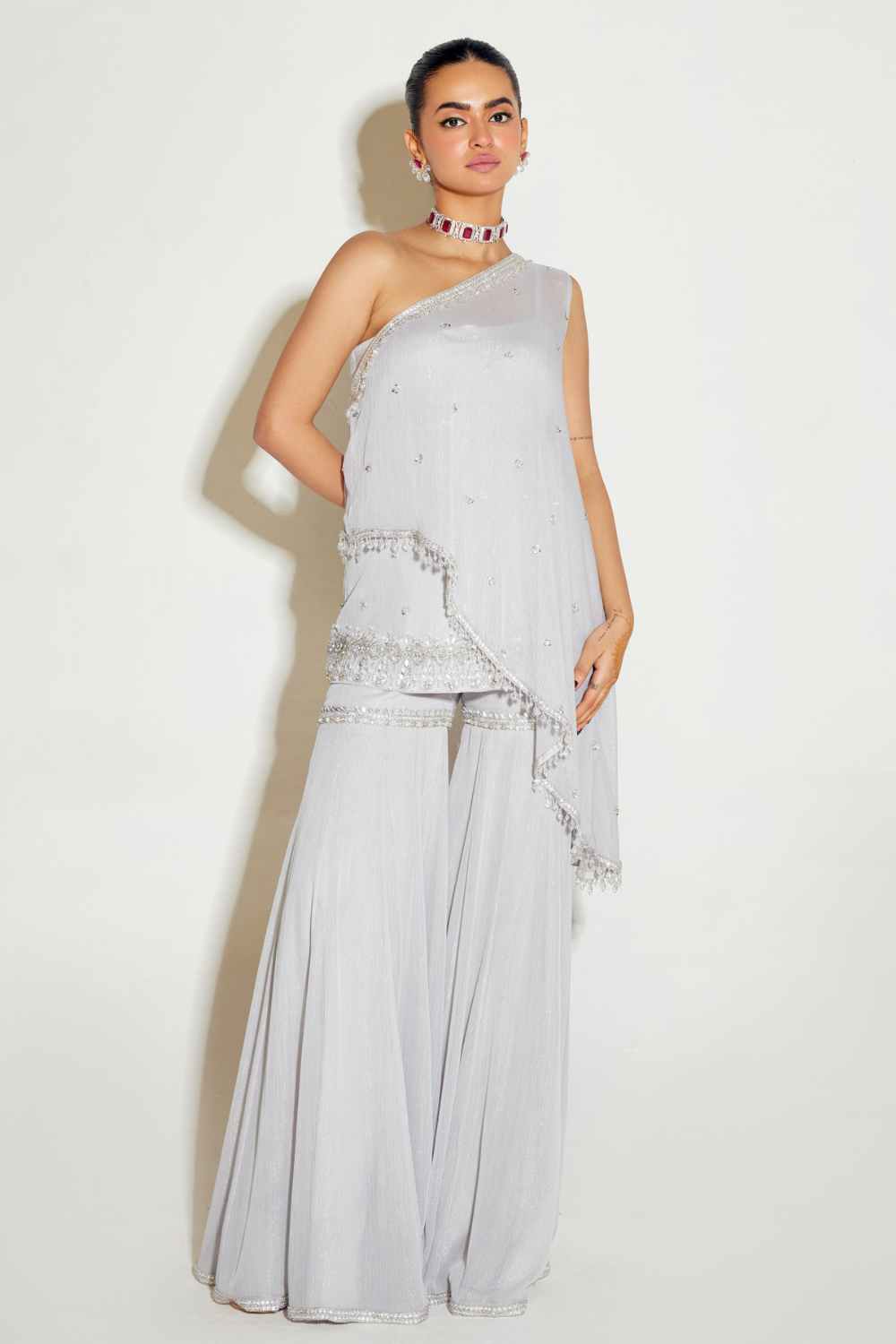 Sanya Gulati - Grey One Shoulder Cape and Sharara Set