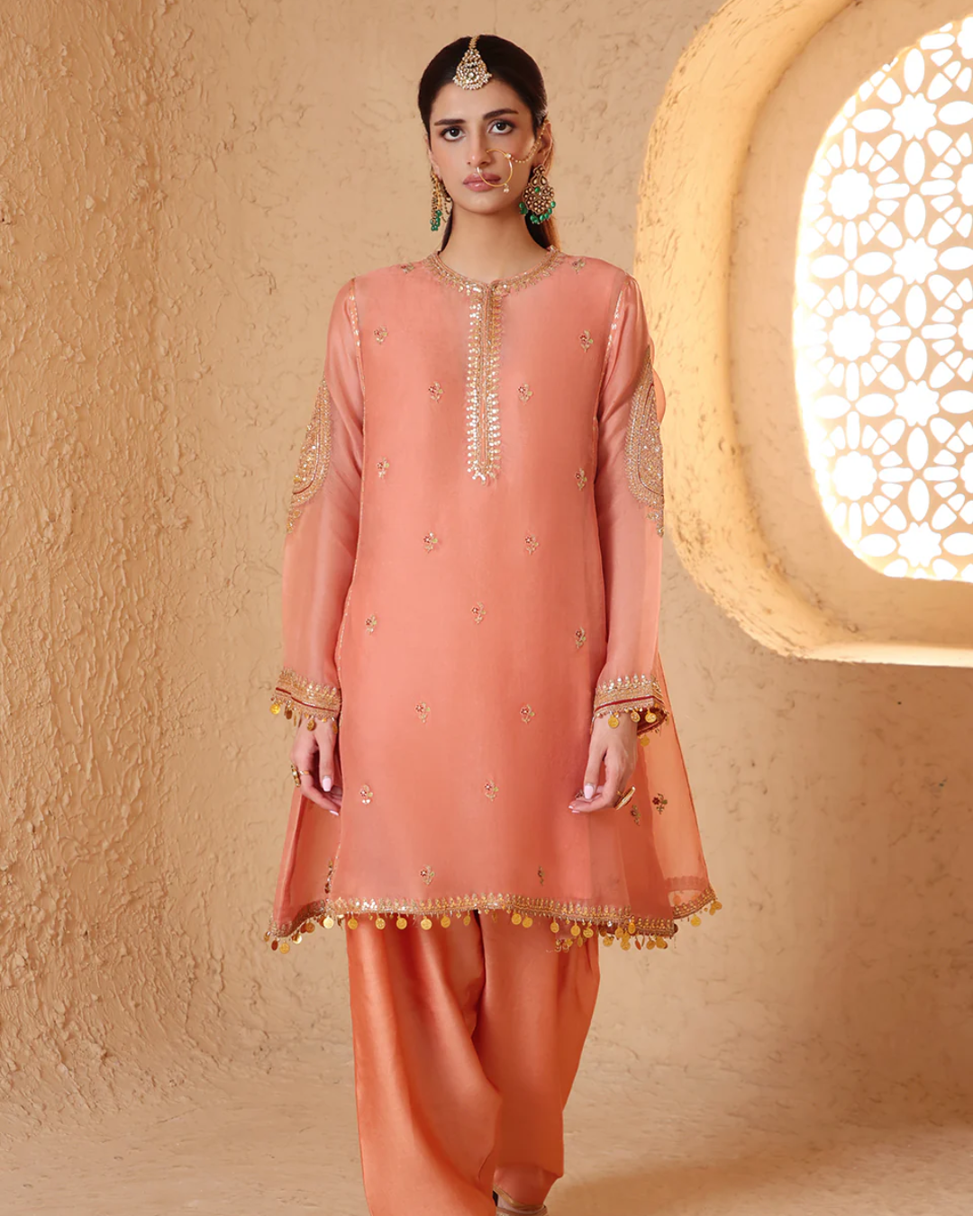 Niti Bothra - Mehrang Peach Short Pheran Kurta Set