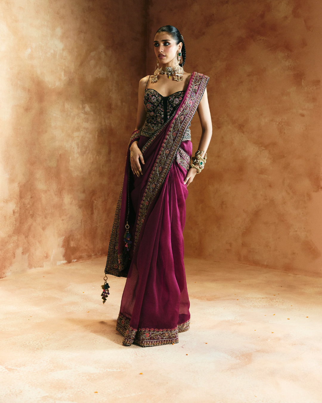 Aman Takyar - Black Multi-Colored Saree Set From Today's Sindh