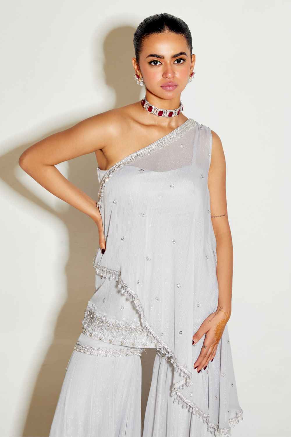 Sanya Gulati - Grey One Shoulder Cape and Sharara Set