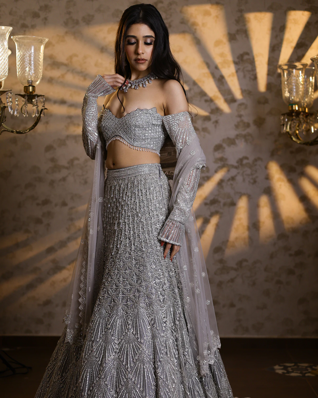 Isa by Dolly Wahal - Silver Net Sequins & Cutdana Embroidered Lehenga Set