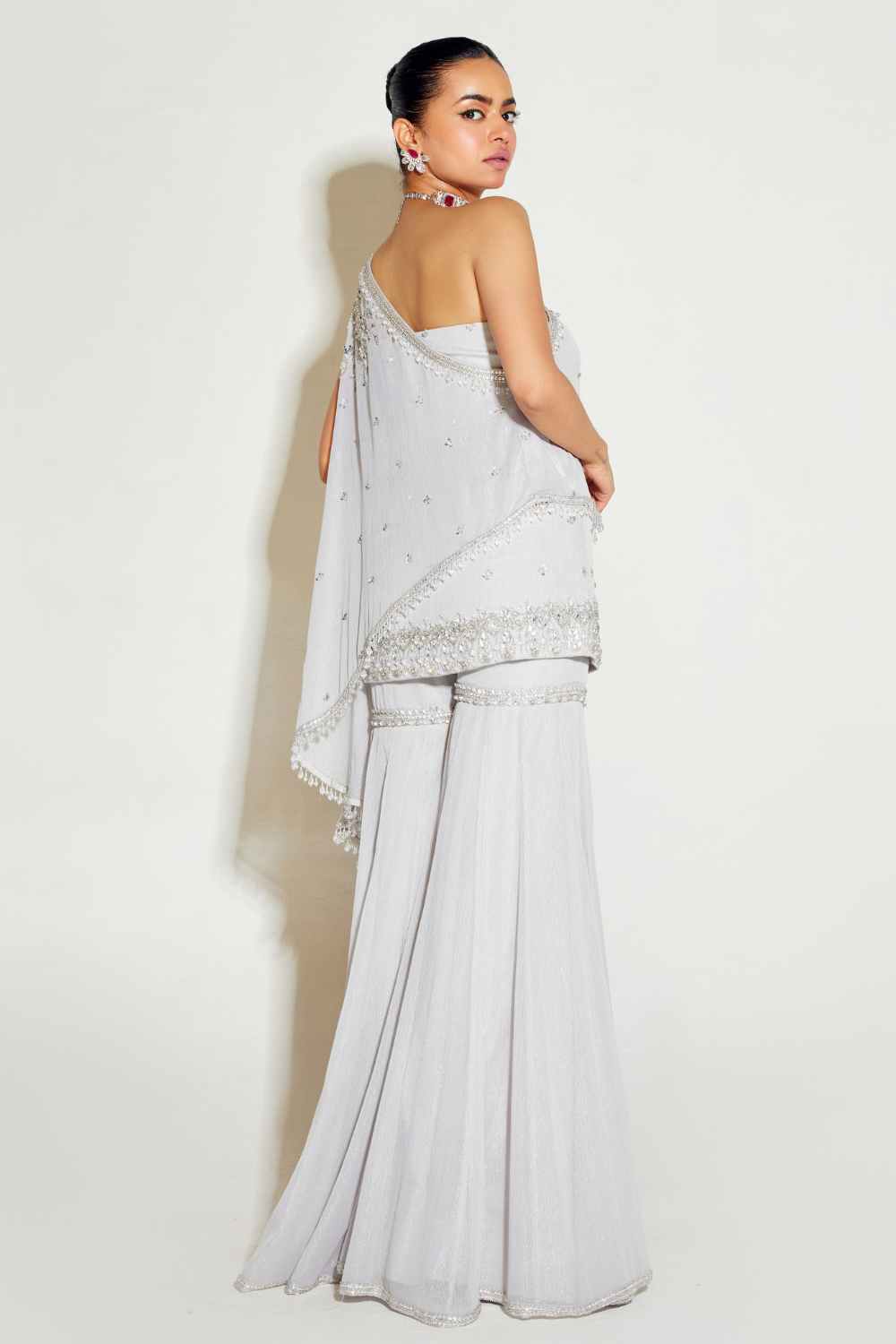 Sanya Gulati - Grey One Shoulder Cape and Sharara Set