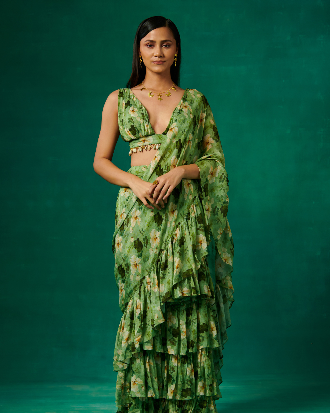 Sonali Bansal - Green floral print drape saree with ruffles and plunge V neck blouse From Bageecha