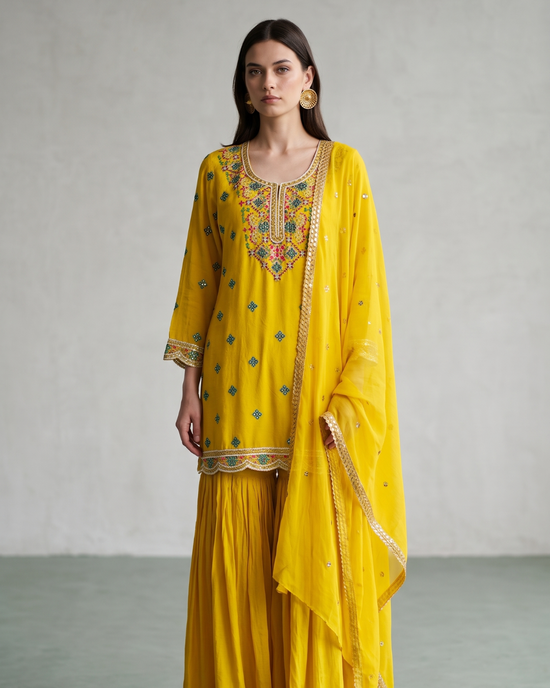 Basanti Kapde Aur Koffee - Yellow Embroidered Sharara Set From Suits & Shararas