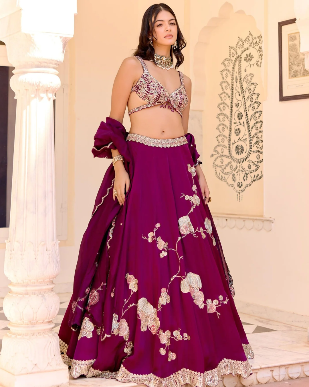 Osaa By Adarsh - Dark Plum Jaal Placement Lehenga Set From SAFAR