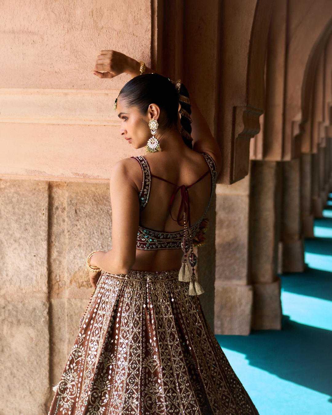 Angad Singh - PRITHVI — Brown Raw Silk Lehenga Set with Contrast Maroon Blouse From Zariya