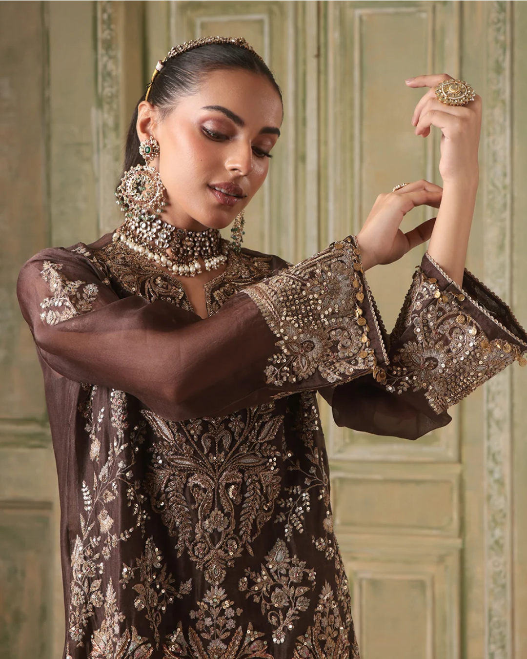 Niti Bothra - Zar-Rang Brown Heavy Jaal Kaftan Set