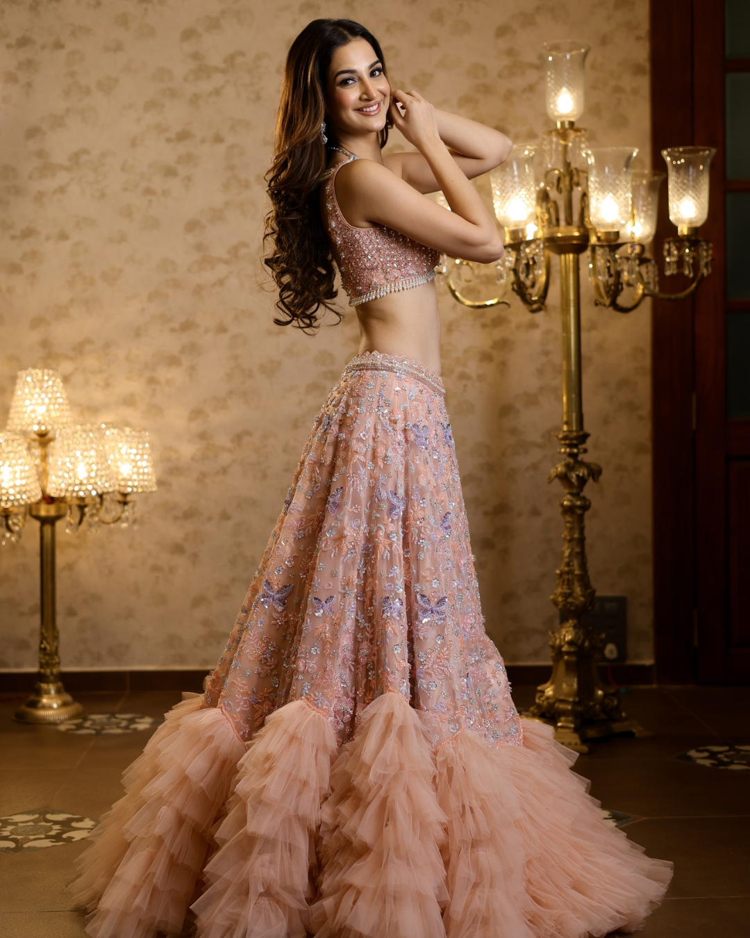 Isa by Dolly Wahal - Peach Frill Lehenga From Fiori