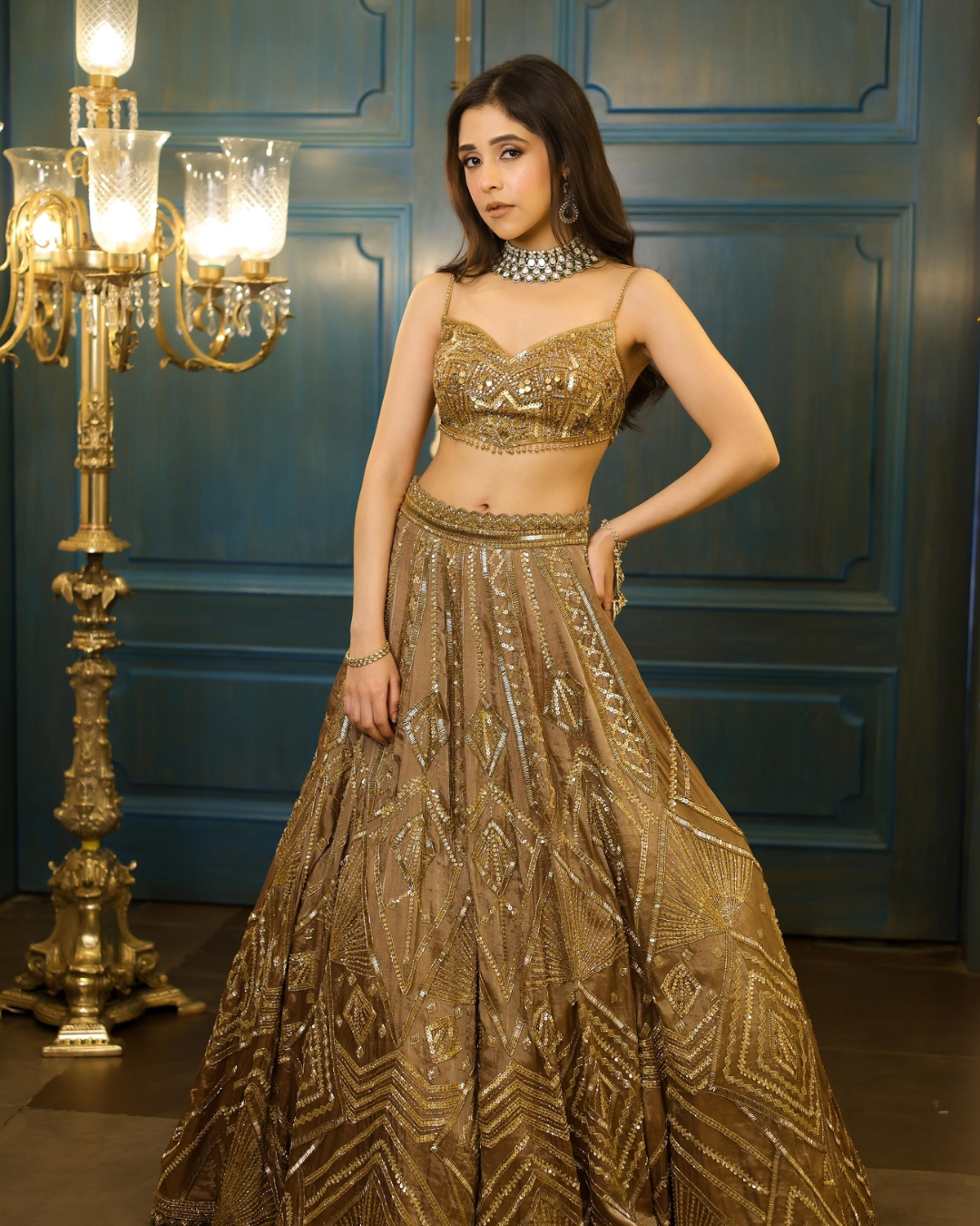 Isa by Dolly Wahal - Mocha Tissue Lehenga From Fiza