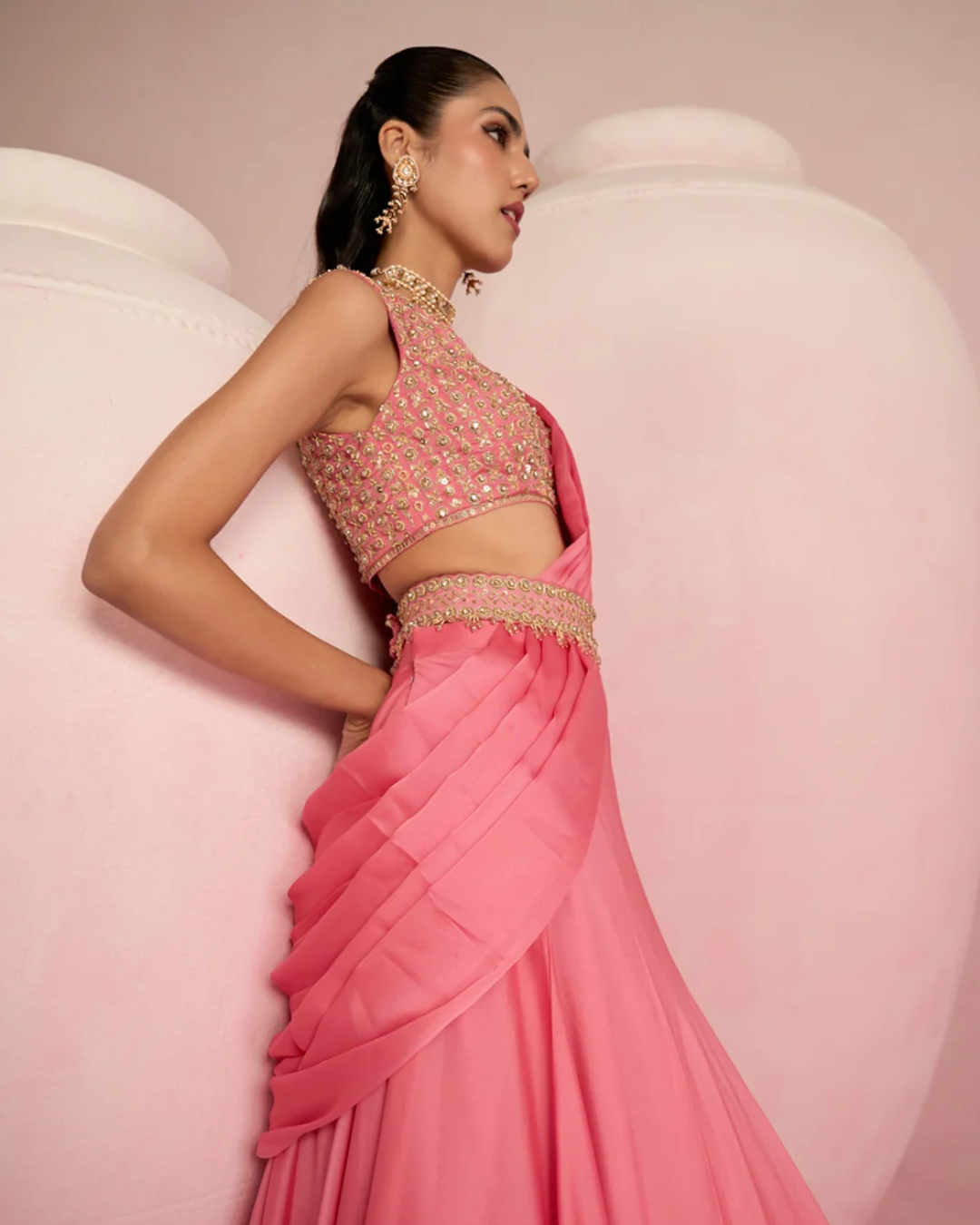 Prevasu - Pop Pink Lehenga Saree From Solene