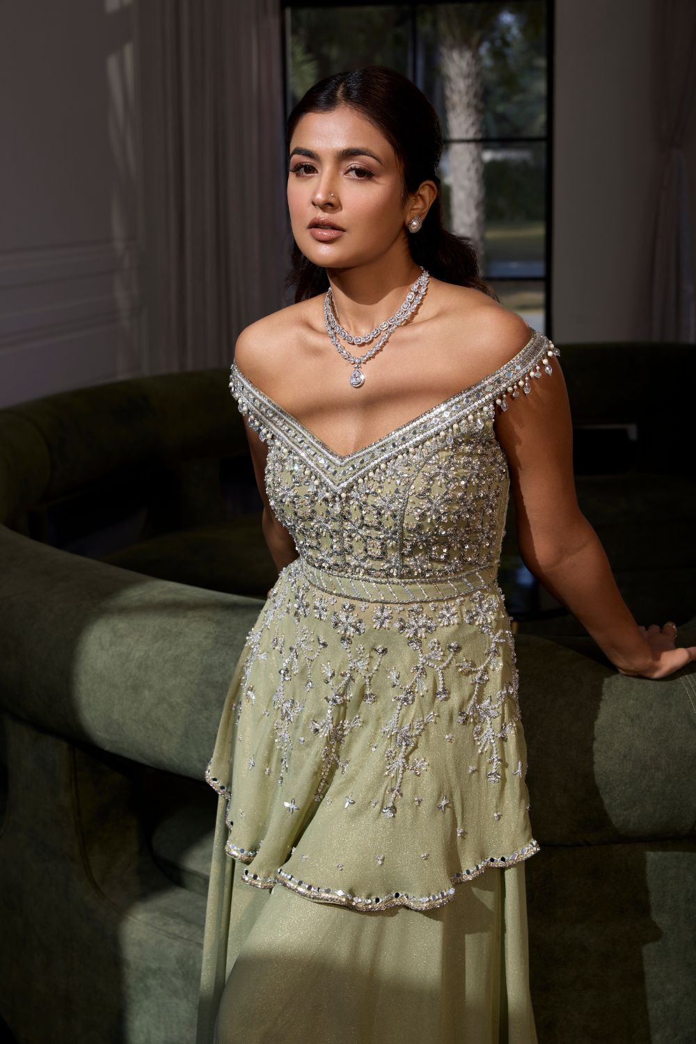 Sanya Gulati - Sage Green Off Shoulder Peplum Set from Kia & Kyara