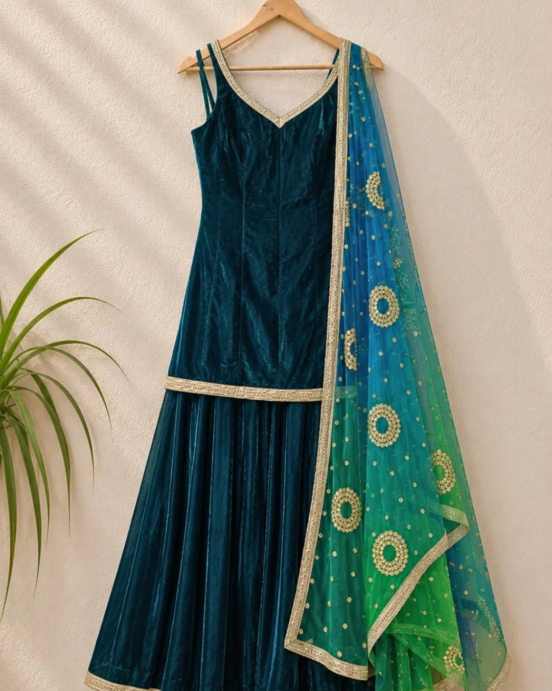 Anisha Shetty - Jade Velvet Sharara Set With Ombre Dupatta