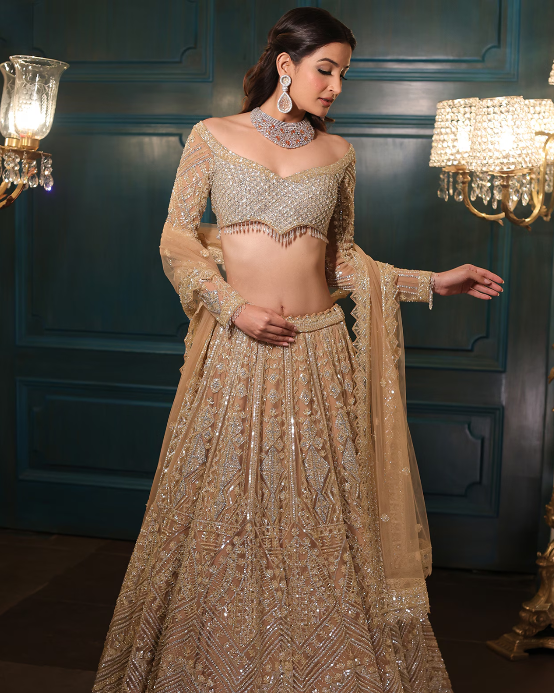 Isa by Dolly Wahal - Light Gold Net Sequins Embroidered Lehenga Set