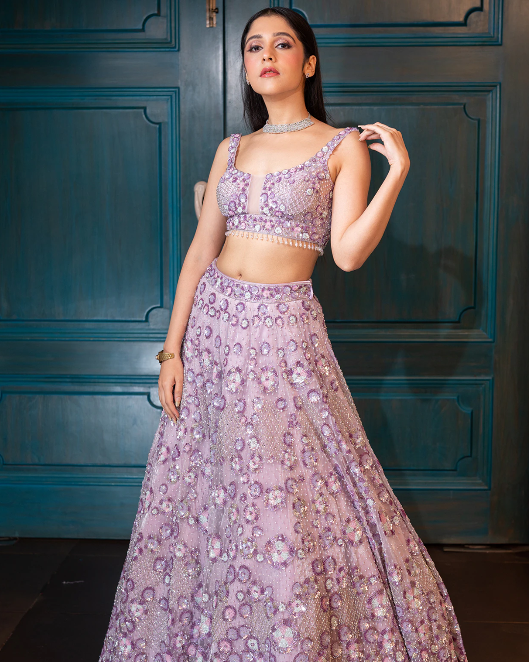 Isa by Dolly Wahal - Lilac Net Embroidered Lehenga Set