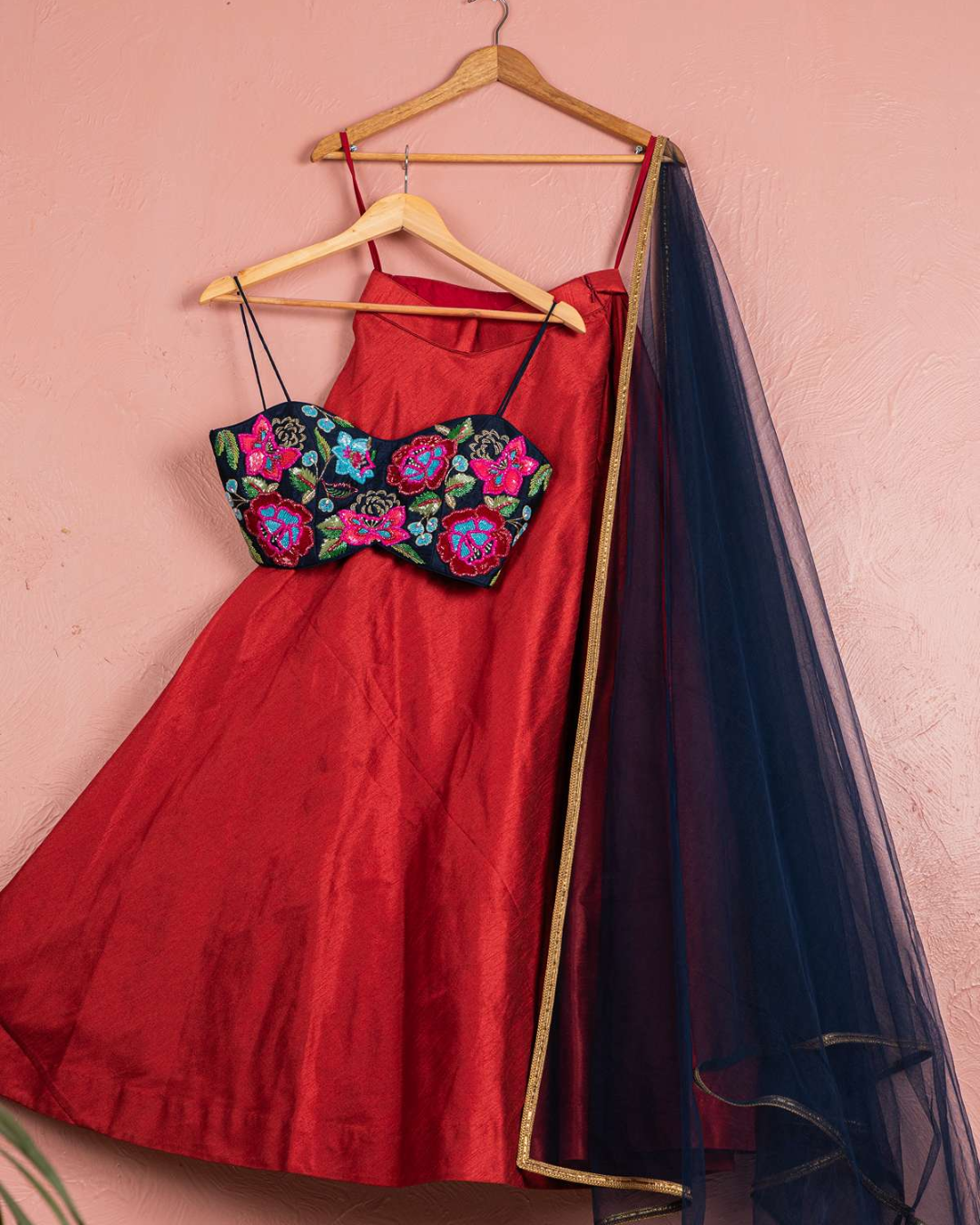 Anisha Shetty - Maroon Lehenga With Colorful Embroidered Blouse & Dupatta