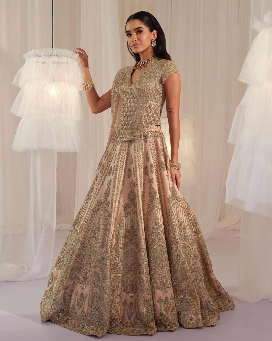 K&A By Karishma And Ashita - Peach Muted Gold Corset With Lehenga & Dupatta From First Love