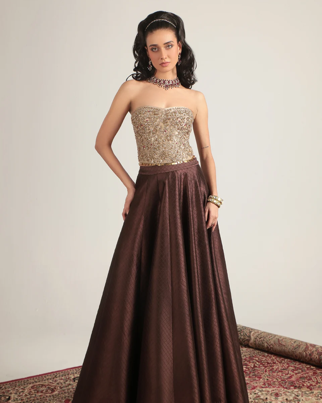 Niti Bothra - Zar-Rang Brown Corset Quilted Lehenga Set
