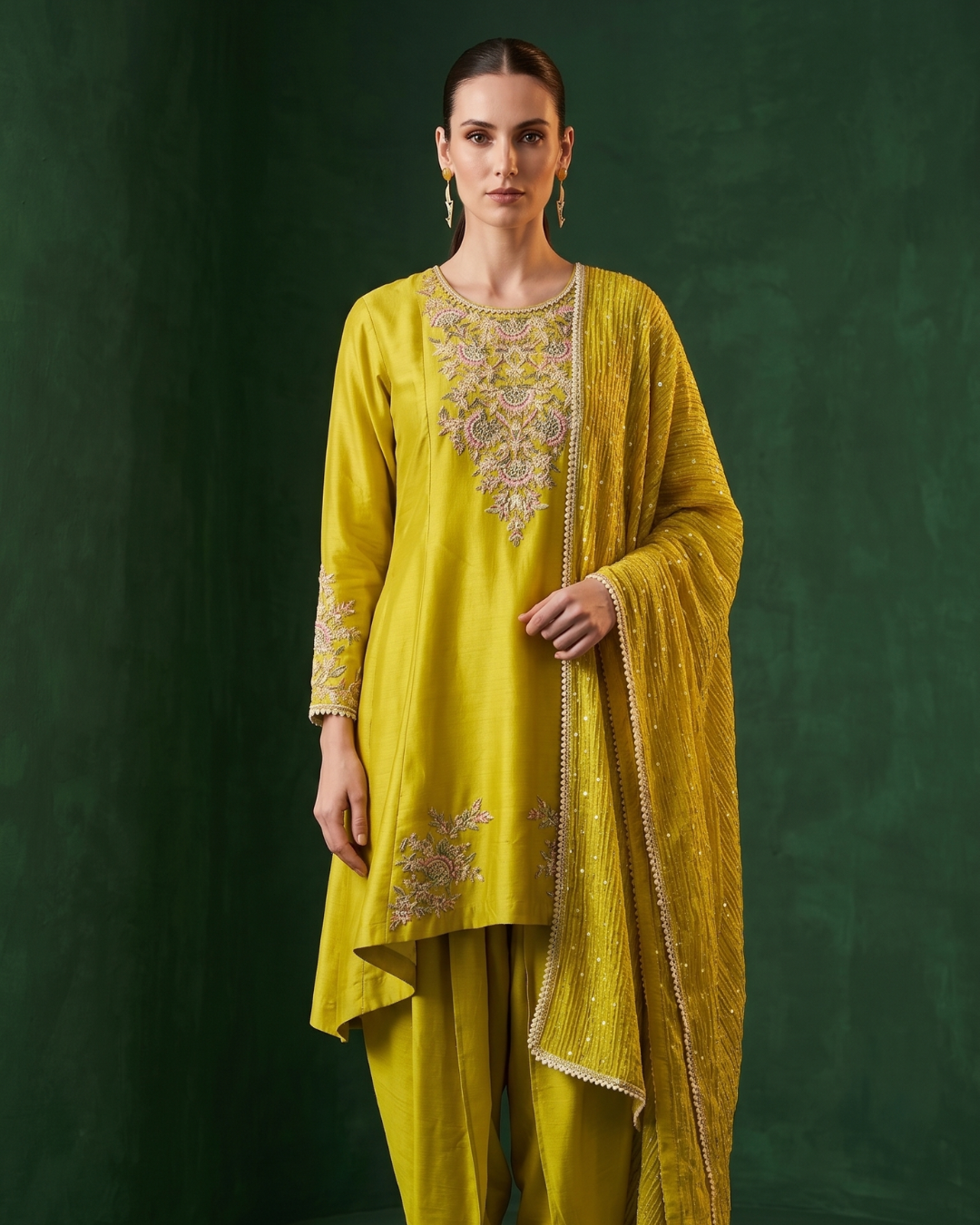 Basanti Kapde Aur Koffee - Regal Lime Embroidered Dhoti Set From Suits & Shararas