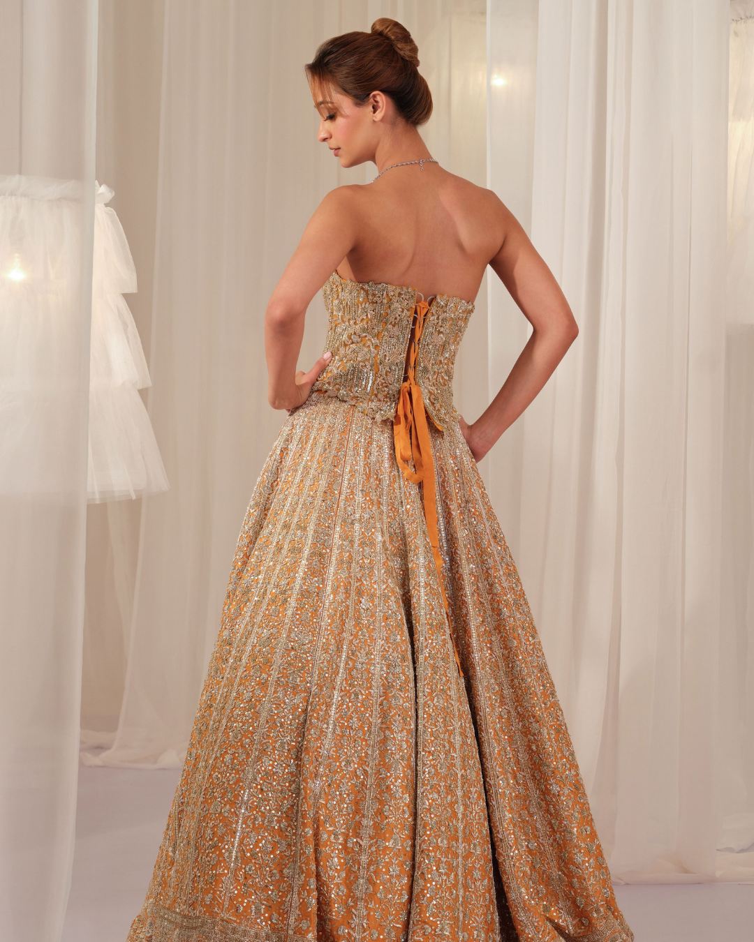 K&A By Karishma And Ashita - Burnt Orange Raw Silk Lehenga With Corset & Dupatta From First Love