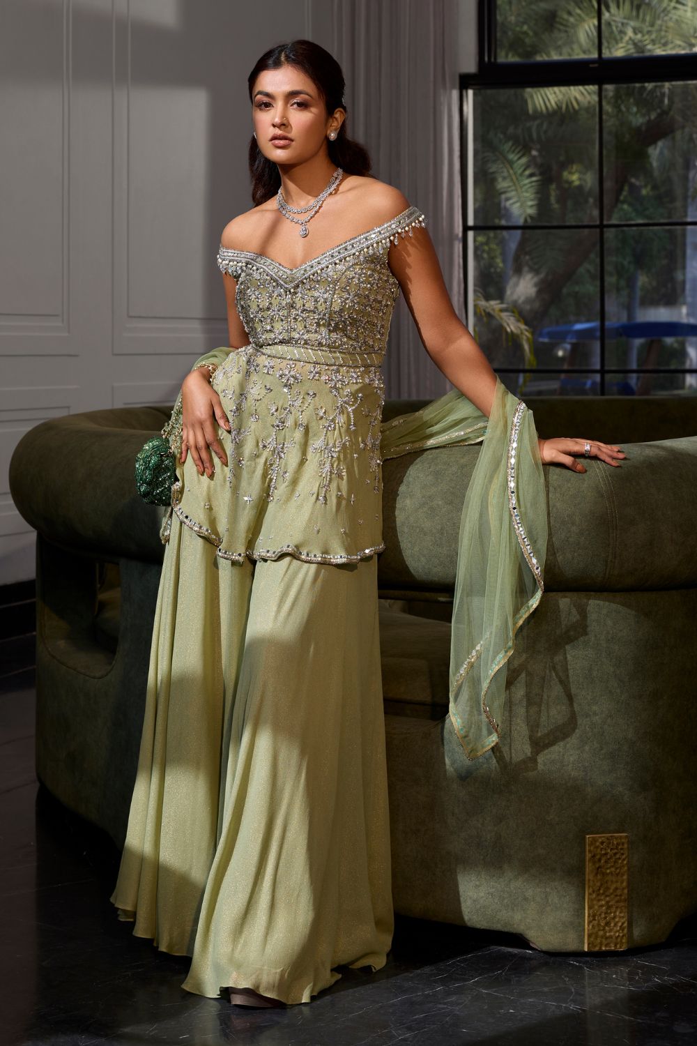 Sanya Gulati - Sage Green Off Shoulder Peplum Set from Kia & Kyara