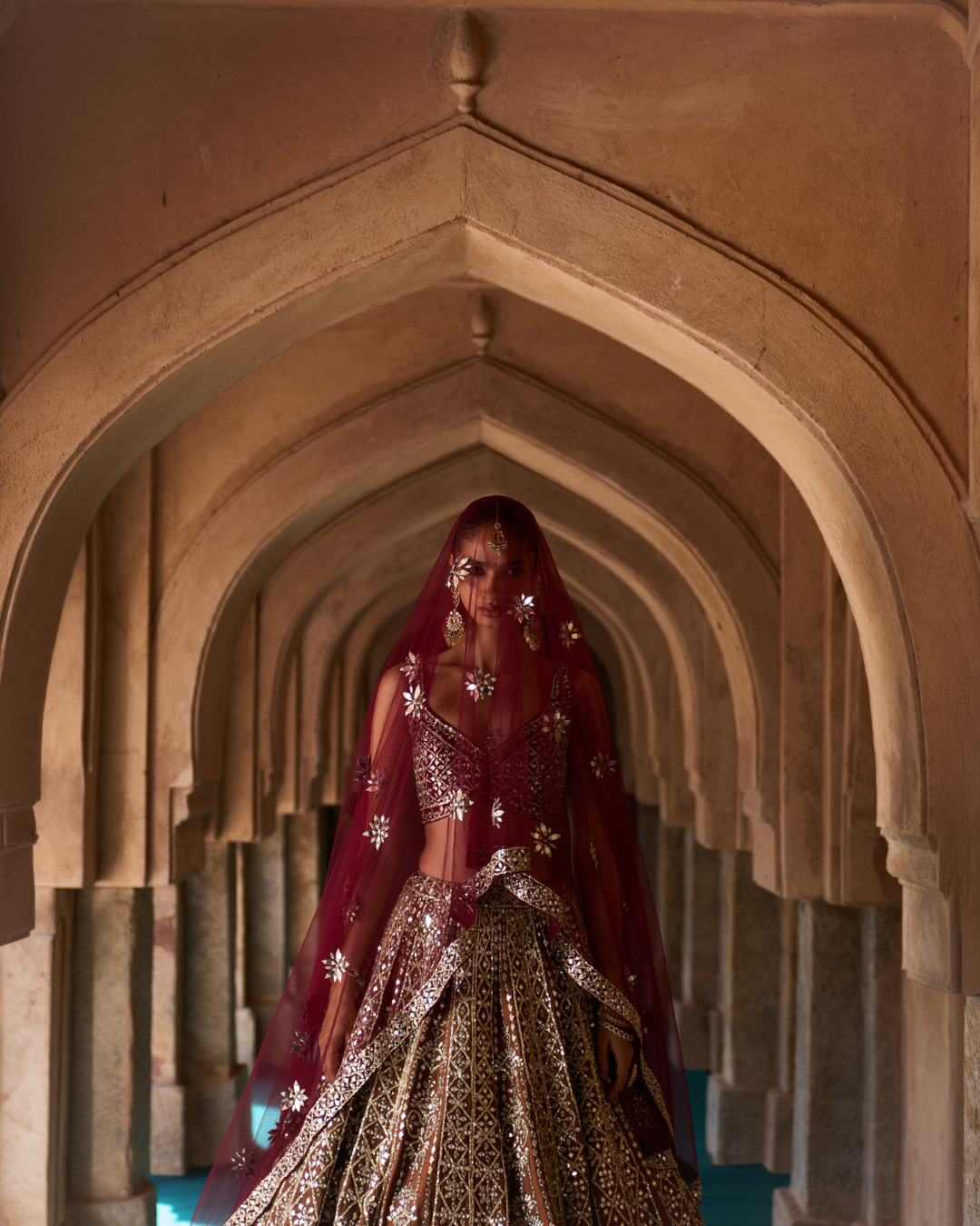 Angad Singh - PRITHVI — Brown Raw Silk Lehenga Set with Contrast Maroon Blouse From Zariya