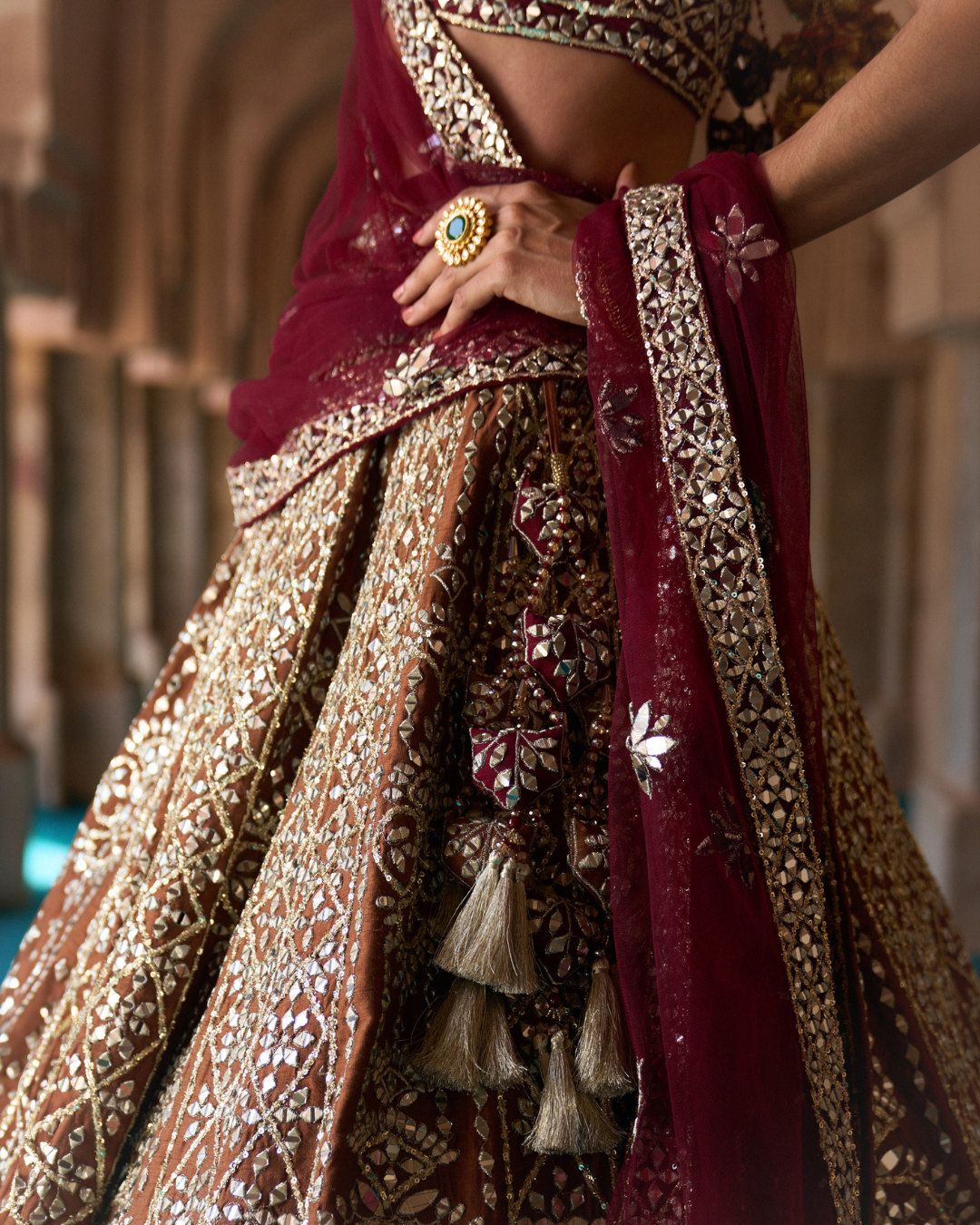 Angad Singh - PRITHVI — Brown Raw Silk Lehenga Set with Contrast Maroon Blouse From Zariya