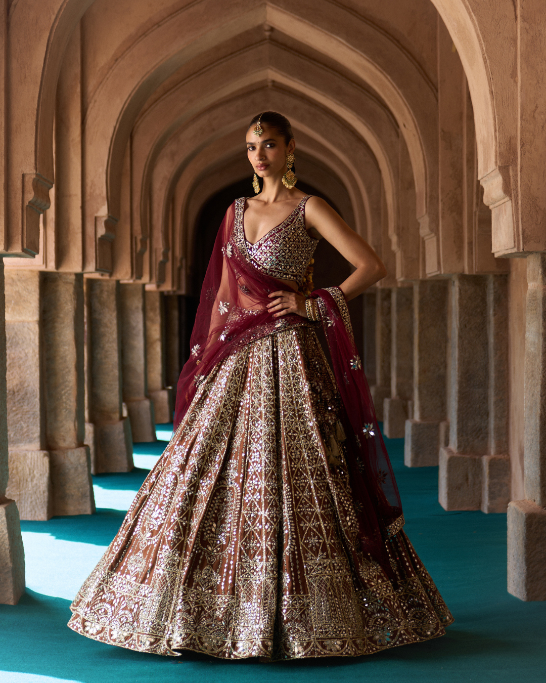 Angad Singh - PRITHVI — Brown Raw Silk Lehenga Set with Contrast Maroon Blouse From Zariya