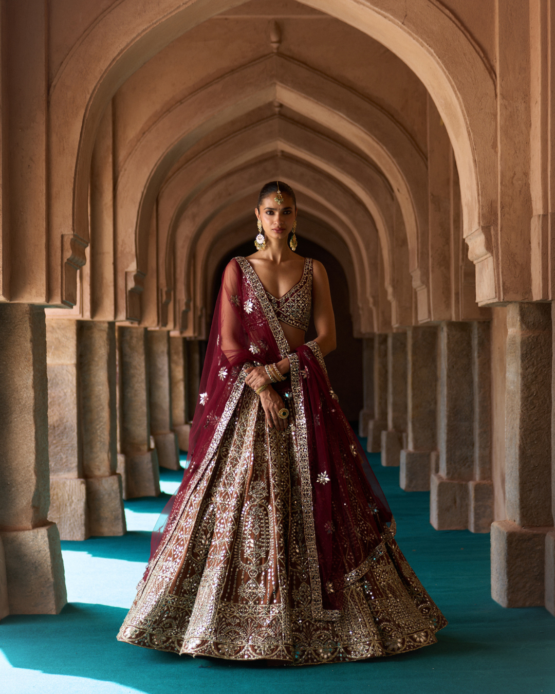 Angad Singh - PRITHVI — Brown Raw Silk Lehenga Set with Contrast Maroon Blouse From Zariya