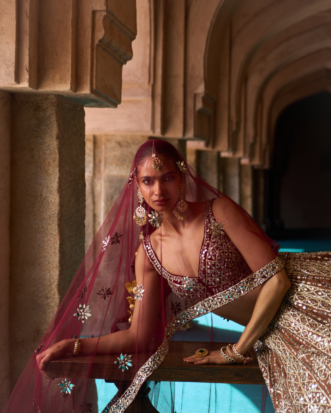 Angad Singh - PRITHVI — Brown Raw Silk Lehenga Set with Contrast Maroon Blouse From Zariya