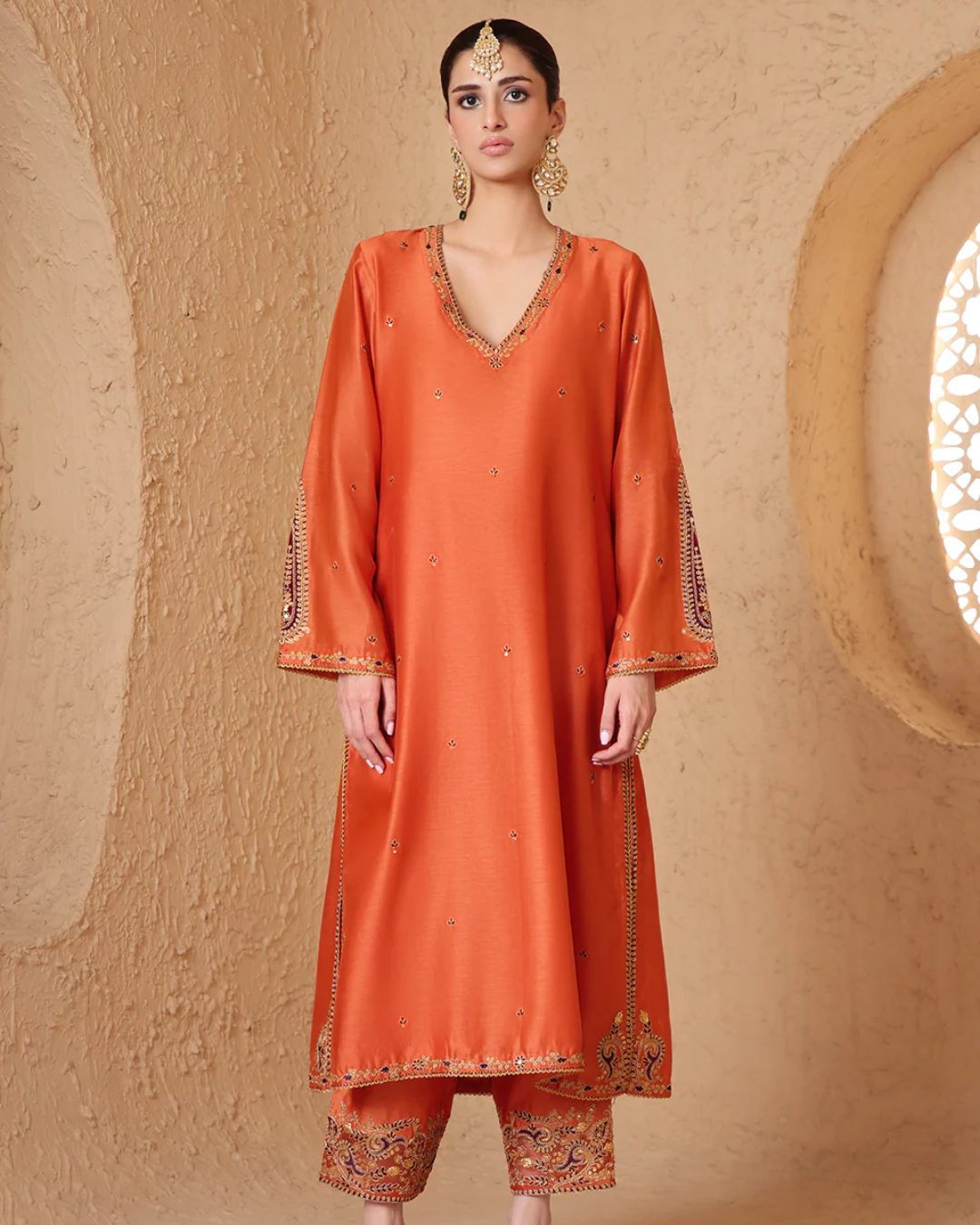 Niti Bothra - Mehrang Orange Applique Kurta Set