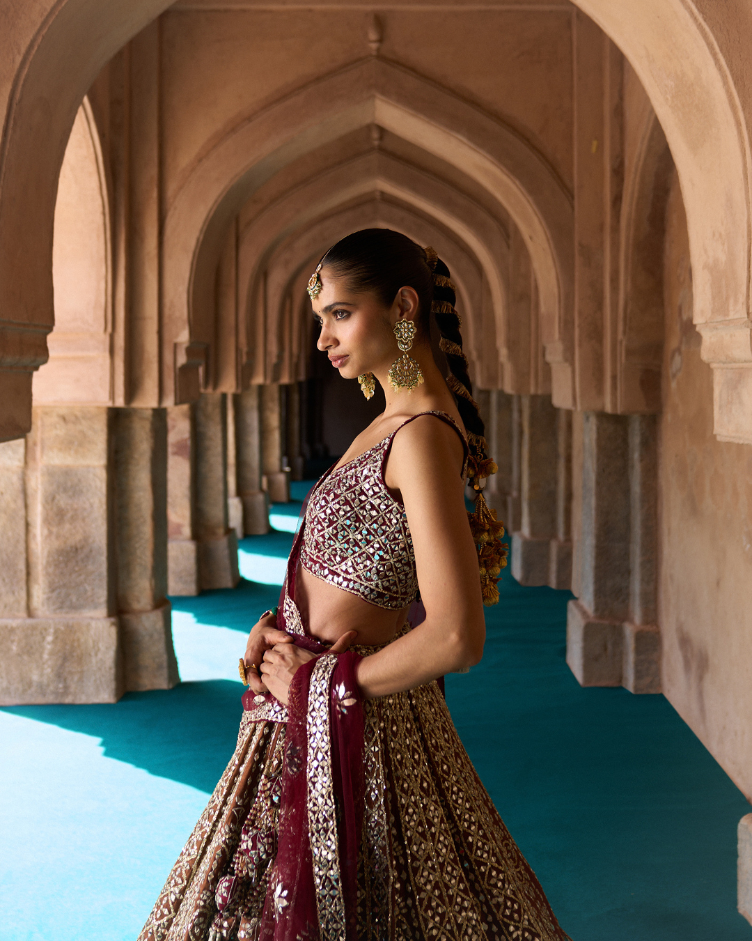 Angad Singh - PRITHVI — Brown Raw Silk Lehenga Set with Contrast Maroon Blouse From Zariya
