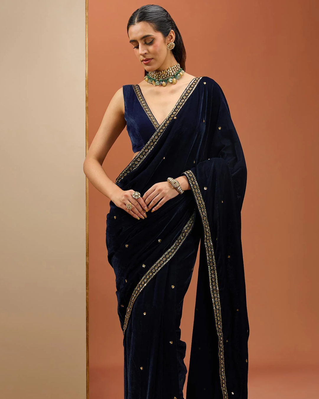Esha Koul - Blue Velvet Saree Set From Noor