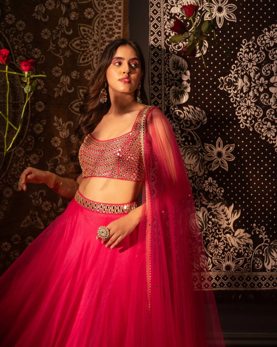 Anisha Shetty - Rasberry Pink Organza Lehenga Set From Rangin