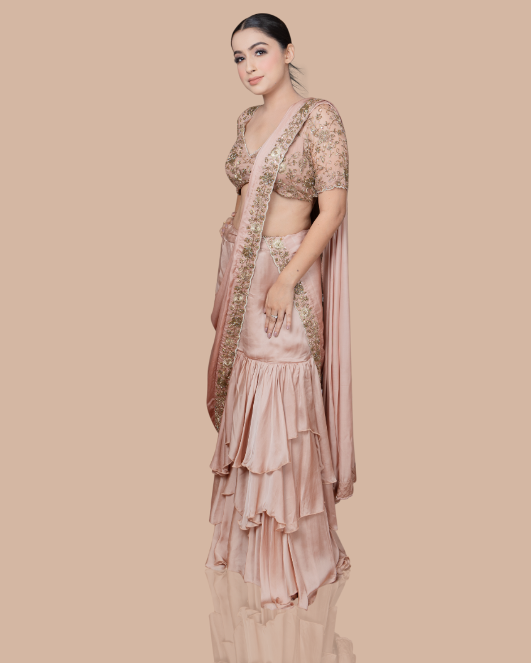 Sonali Bansal - Golden skirt saree with hand embroidered blouse and drape From Wedding Capsule
