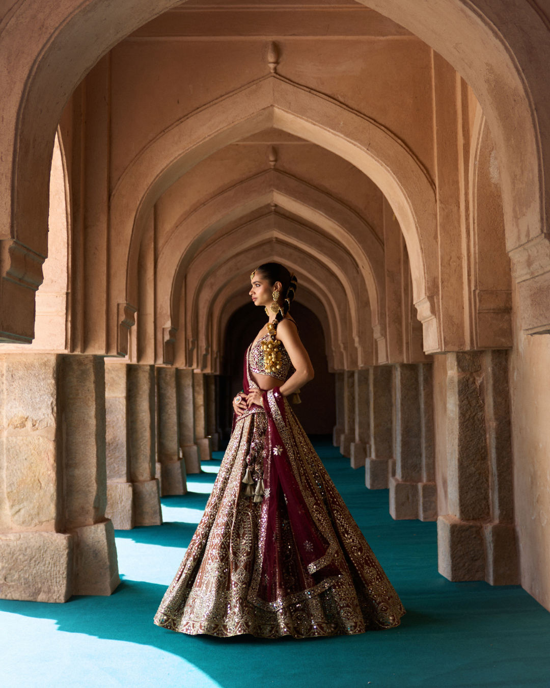 Angad Singh - PRITHVI — Brown Raw Silk Lehenga Set with Contrast Maroon Blouse From Zariya