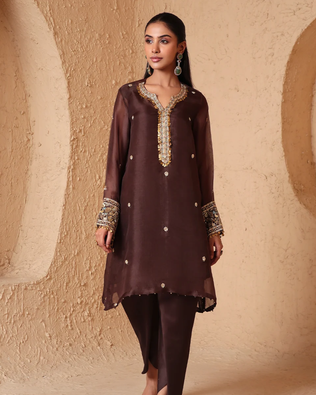 Niti Bothra - Zar-Rang Brown Short Kurta Set