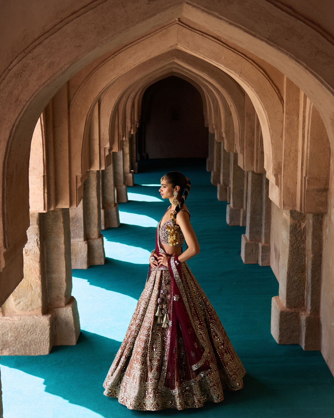 Angad Singh - PRITHVI — Brown Raw Silk Lehenga Set with Contrast Maroon Blouse From Zariya