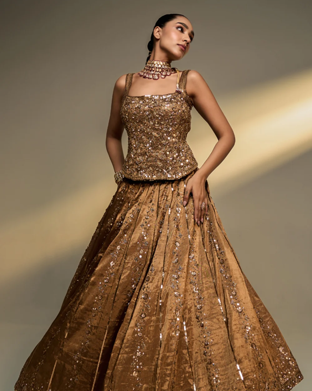 Prevasu - Copper Gold Corset Lehenga Set From The Mocha Edit