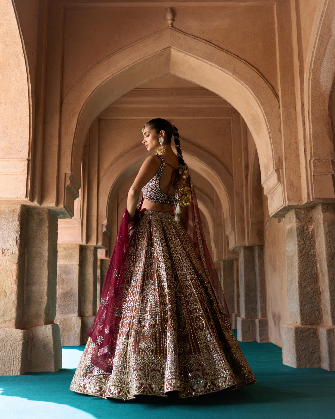 Angad Singh - PRITHVI — Brown Raw Silk Lehenga Set with Contrast Maroon Blouse From Zariya